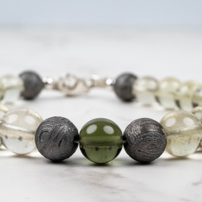 Moldavite + Meteorite + Libyan Desert Glass Bead Bracelet 9" .925 Silver