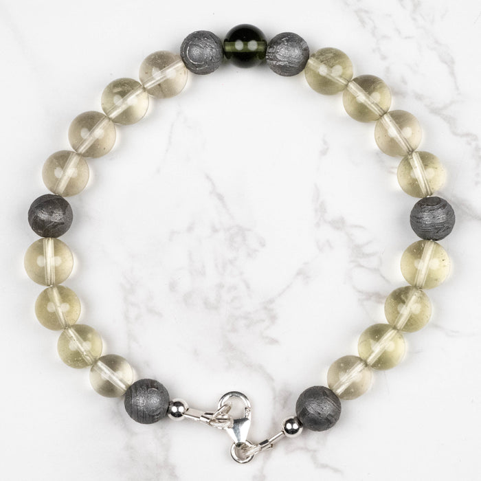 Moldavite + Meteorite + Libyan Desert Glass Bead Bracelet 9" .925 Silver
