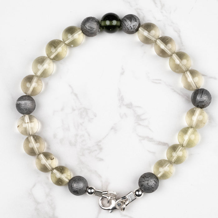 Moldavite + Meteorite + Libyan Desert Glass Bead Bracelet 9" .925 Silver