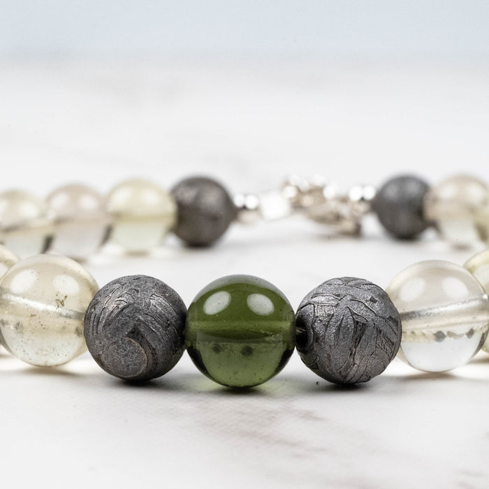 Moldavite + Meteorite + Libyan Desert Glass Bead Bracelet 8.75" .925 Silver