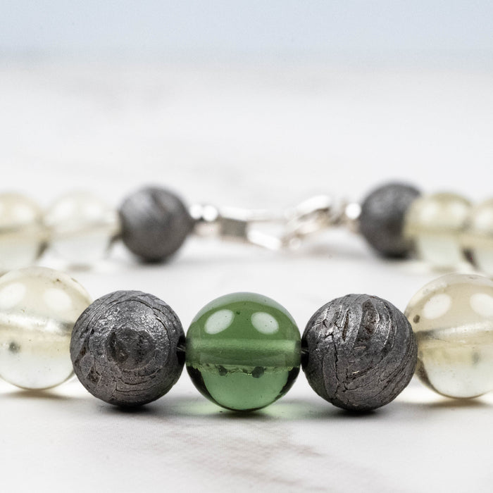 Moldavite + Meteorite + Libyan Desert Glass Bead Bracelet 9" .925 Silver