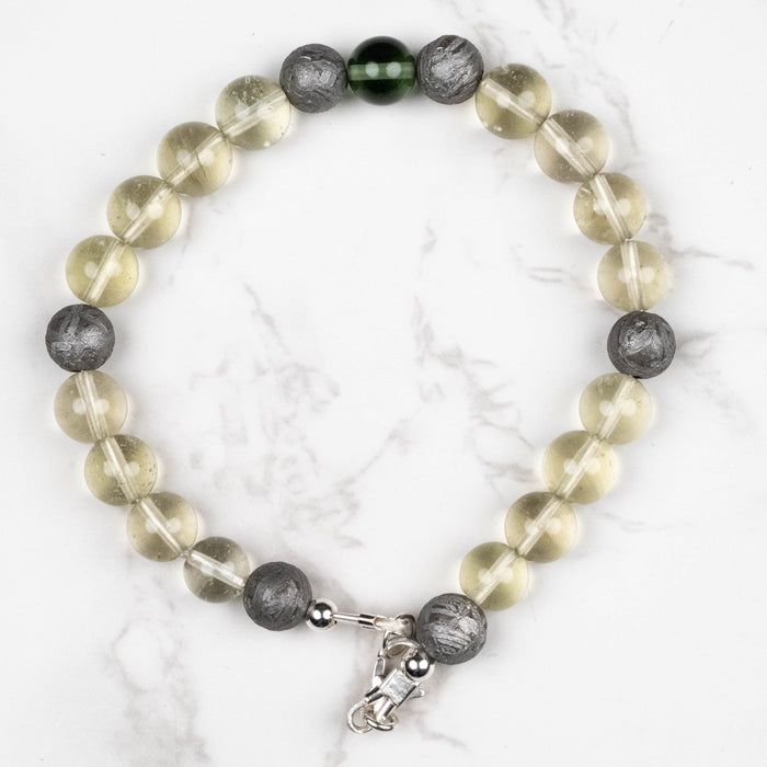Moldavite + Meteorite + Libyan Desert Glass Bead Bracelet 9" .925 Silver