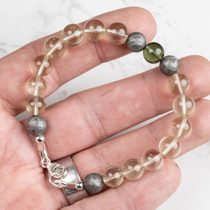 Moldavite + Meteorite + Libyan Desert Glass Bead Bracelet 7.5" .925 Silver