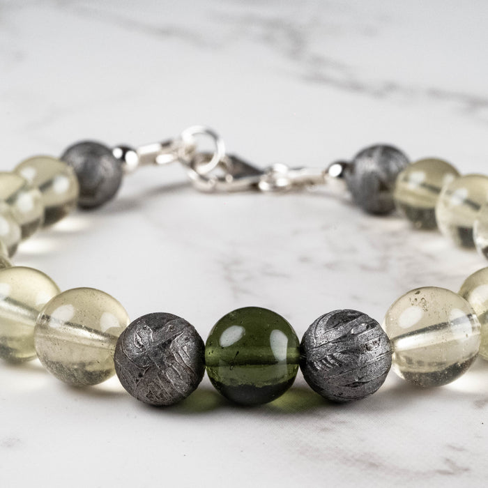 Moldavite + Meteorite + Libyan Desert Glass Bead Bracelet 7.5" .925 Silver