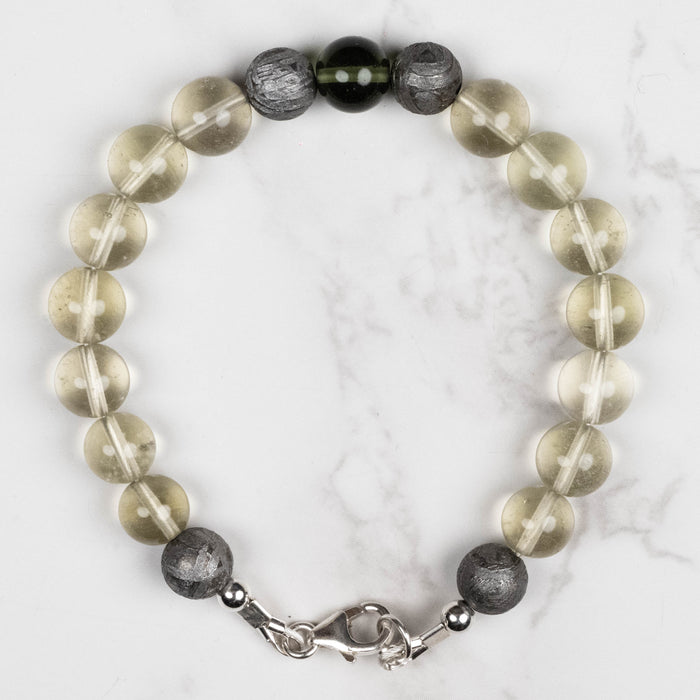 Moldavite + Meteorite + Libyan Desert Glass Bead Bracelet 7.5" .925 Silver