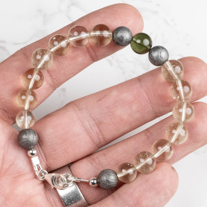 Moldavite + Meteorite + Libyan Desert Glass Bead Bracelet 7.5" .925 Silver