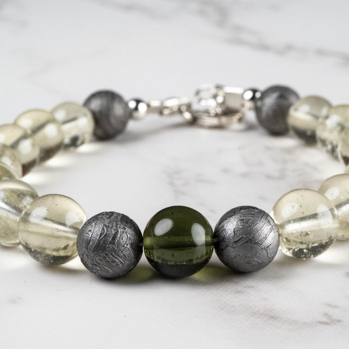 Moldavite + Meteorite + Libyan Desert Glass Bead Bracelet 7.5" .925 Silver