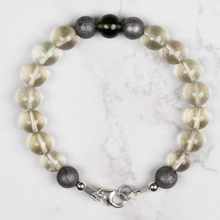 Moldavite + Meteorite + Libyan Desert Glass Bead Bracelet 7.5" .925 Silver