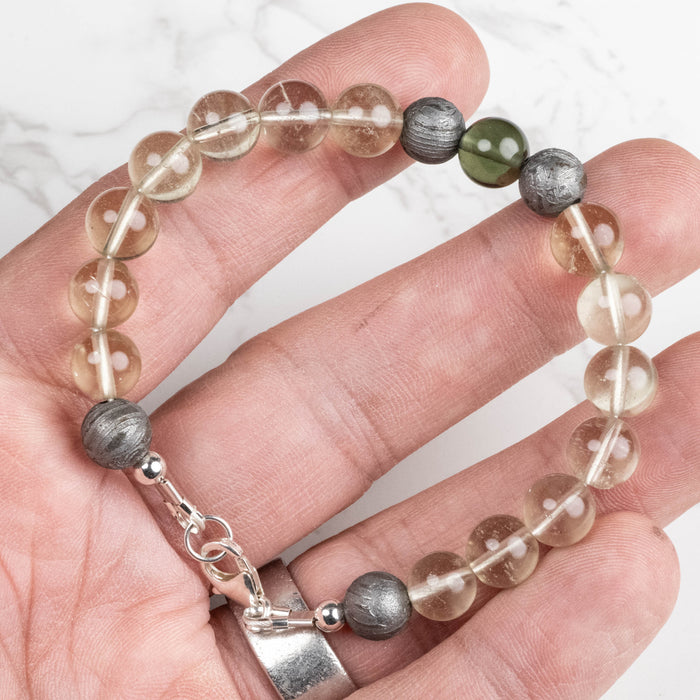 Moldavite + Meteorite + Libyan Desert Glass Bead Bracelet 7.5" .925 Silver