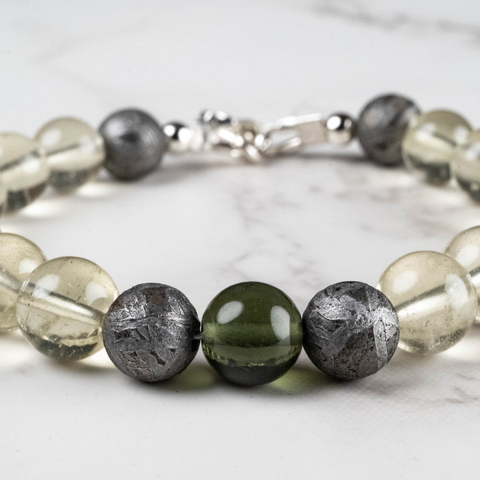 Moldavite + Meteorite + Libyan Desert Glass Bead Bracelet 7.5" .925 Silver