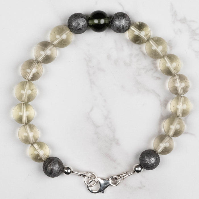 Moldavite + Meteorite + Libyan Desert Glass Bead Bracelet 7.5" .925 Silver