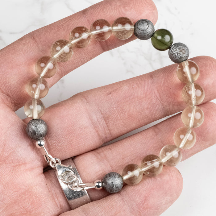 Moldavite + Meteorite + Libyan Desert Glass Bead Bracelet 7.5" .925 Silver
