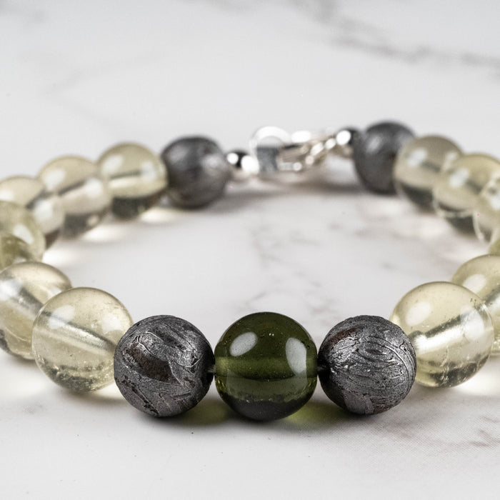 Moldavite + Meteorite + Libyan Desert Glass Bead Bracelet 7.5" .925 Silver