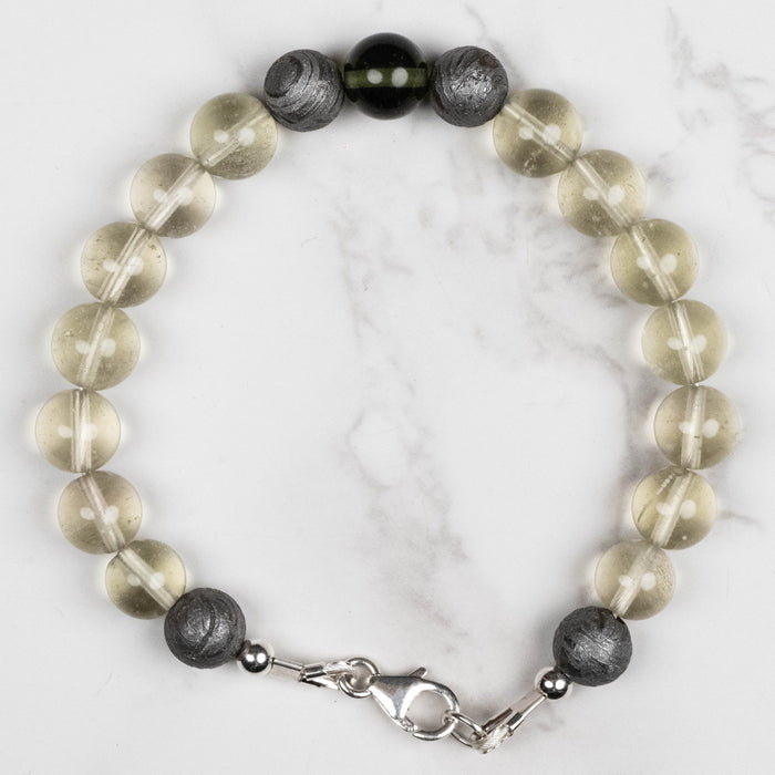 Moldavite + Meteorite + Libyan Desert Glass Bead Bracelet 7.5" .925 Silver