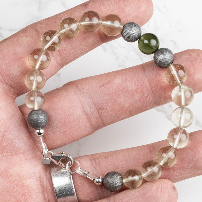 Moldavite + Meteorite + Libyan Desert Glass Bead Bracelet 7.5" .925 Silver