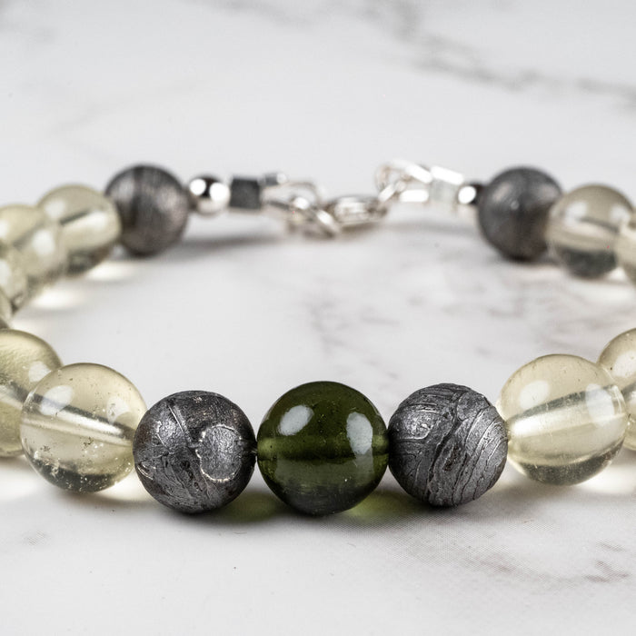 Moldavite + Meteorite + Libyan Desert Glass Bead Bracelet 7.5" .925 Silver