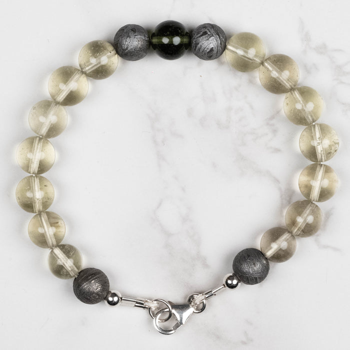 Moldavite + Meteorite + Libyan Desert Glass Bead Bracelet 7.5" .925 Silver
