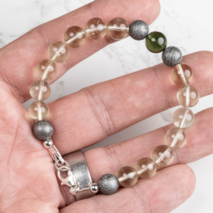 Moldavite + Meteorite + Libyan Desert Glass Bead Bracelet 7.5" .925 Silver