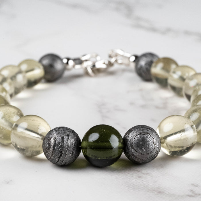 Moldavite + Meteorite + Libyan Desert Glass Bead Bracelet 7.5" .925 Silver
