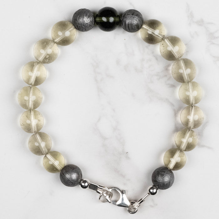 Moldavite + Meteorite + Libyan Desert Glass Bead Bracelet 7.5" .925 Silver