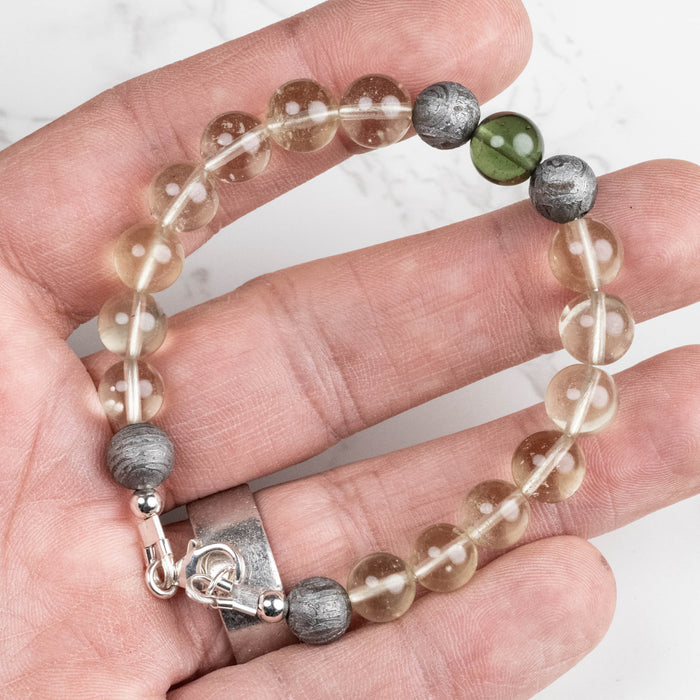 Moldavite + Meteorite + Libyan Desert Glass Bead Bracelet 7.5" .925 Silver