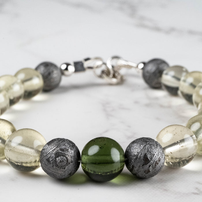 Moldavite + Meteorite + Libyan Desert Glass Bead Bracelet 7.5" .925 Silver