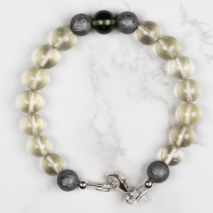 Moldavite + Meteorite + Libyan Desert Glass Bead Bracelet 7.5" .925 Silver