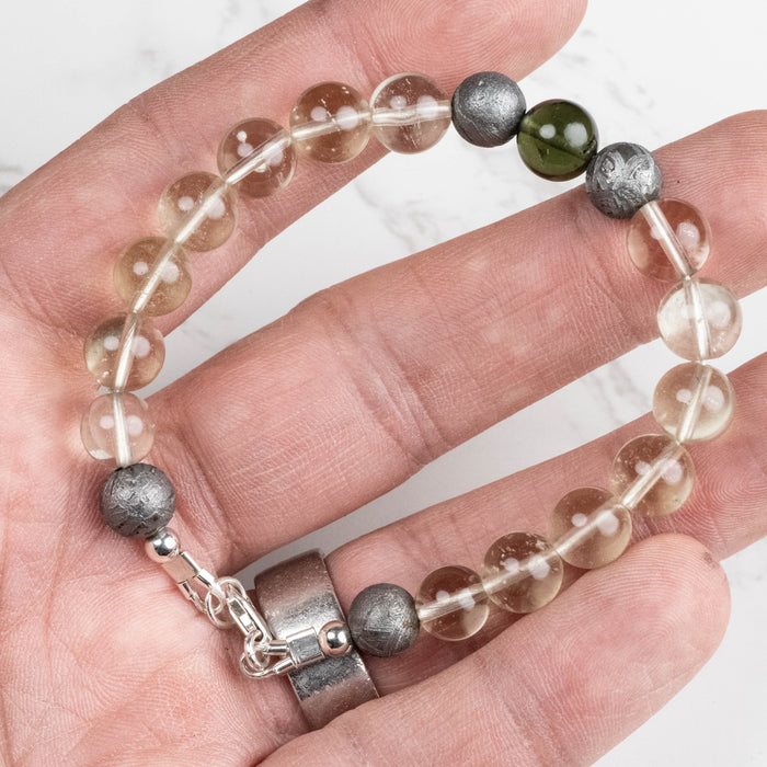 Moldavite + Meteorite + Libyan Desert Glass Bead Bracelet 7.5" .925 Silver