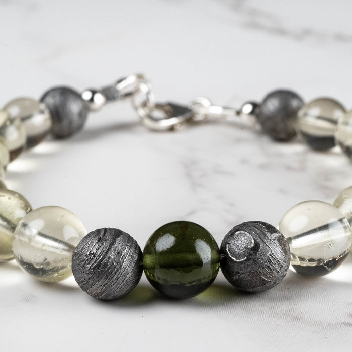 Moldavite + Meteorite + Libyan Desert Glass Bead Bracelet 7.5" .925 Silver