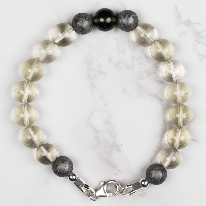 Moldavite + Meteorite + Libyan Desert Glass Bead Bracelet 7.5" .925 Silver