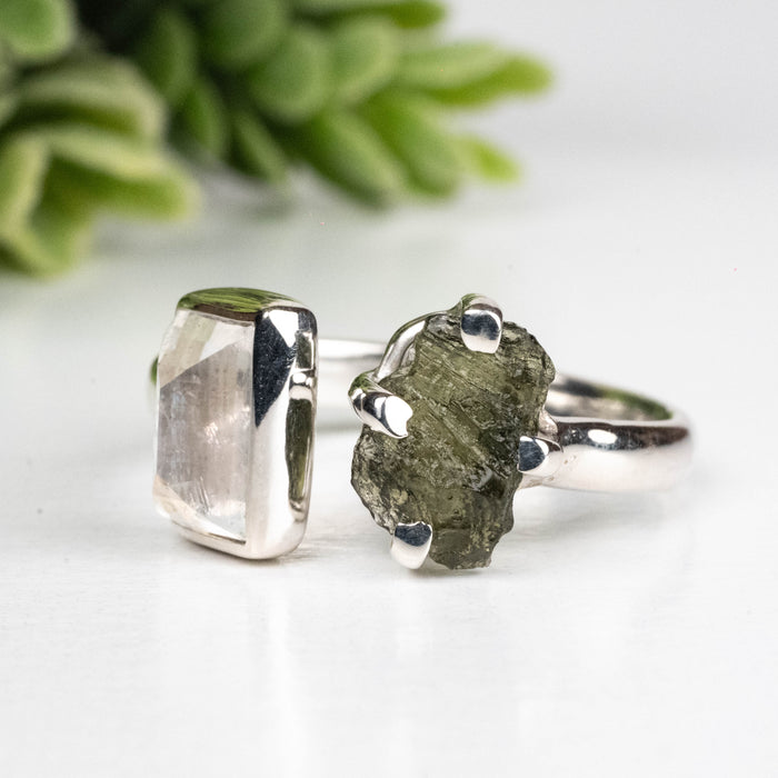 Moldavite + Moonstone 7-8mm Size 9 .925 Silver