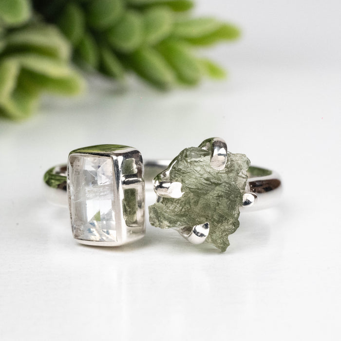 Moldavite + Moonstone 7-8mm Size 9 .925 Silver