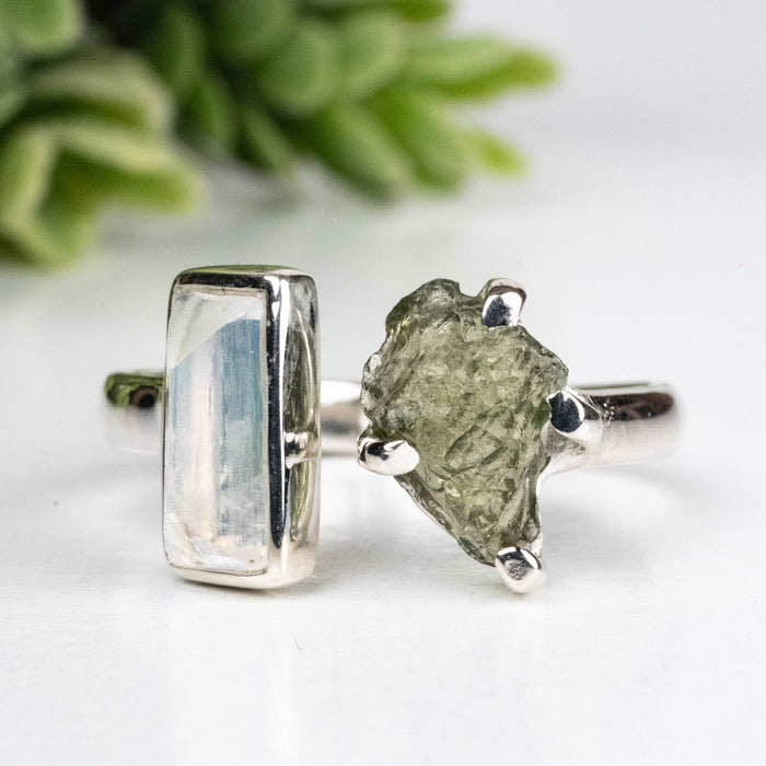 Moldavite + Moonstone 7-8mm Size 9 .925 Silver