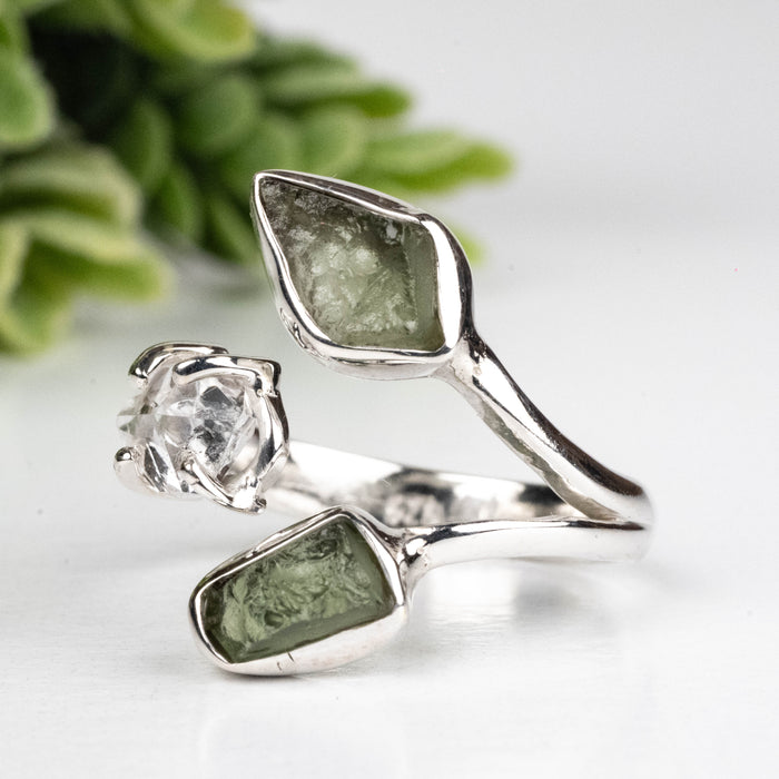 Moldavite + Herkimer Diamond Ring 5mm-7mm Size 7 .925 Silver