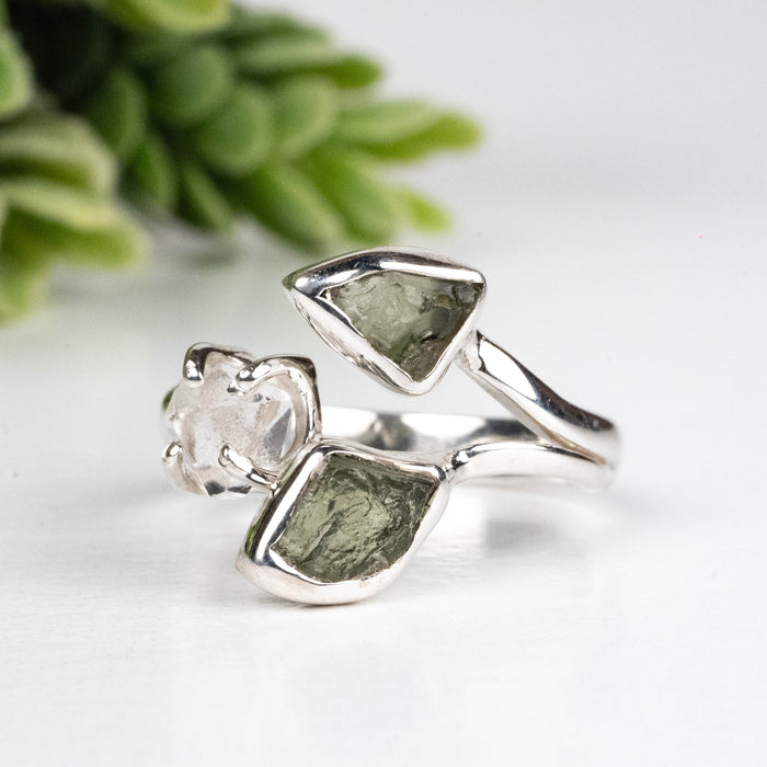 Moldavite + Herkimer Diamond Ring 5mm-7mm Size 7 .925 Silver