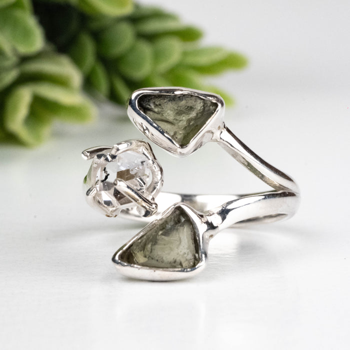 Moldavite + Herkimer Diamond Ring 5mm-7mm Size 7 .925 Silver