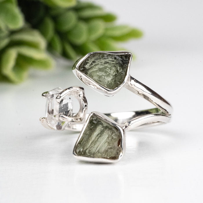 Moldavite + Herkimer Diamond Ring 5mm-7mm Size 7 .925 Silver