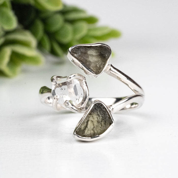 Moldavite + Herkimer Diamond Ring 5mm-7mm Size 7 .925 Silver