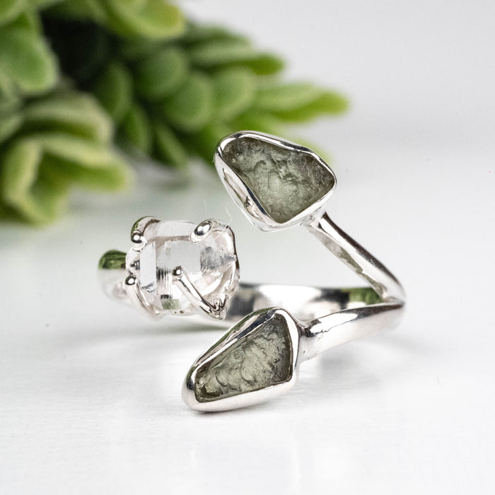 Moldavite + Herkimer Diamond Ring 5mm-7mm Size 7 .925 Silver