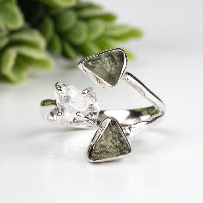 Moldavite + Herkimer Diamond Ring 5mm-7mm Size 7 .925 Silver