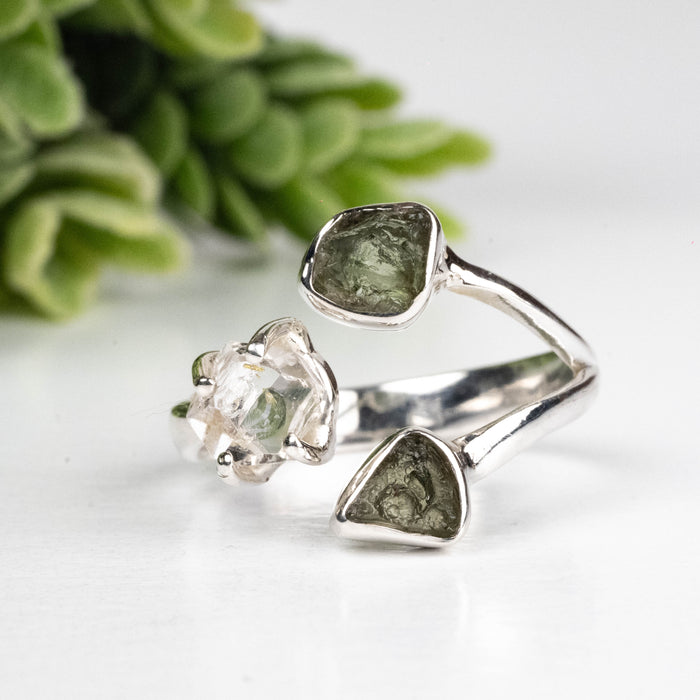 Moldavite + Herkimer Diamond Ring 5mm-7mm Size 7 .925 Silver