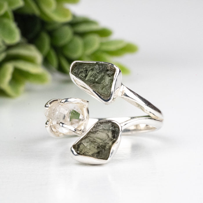 Moldavite + Herkimer Diamond Ring 5mm-7mm Size 7 .925 Silver