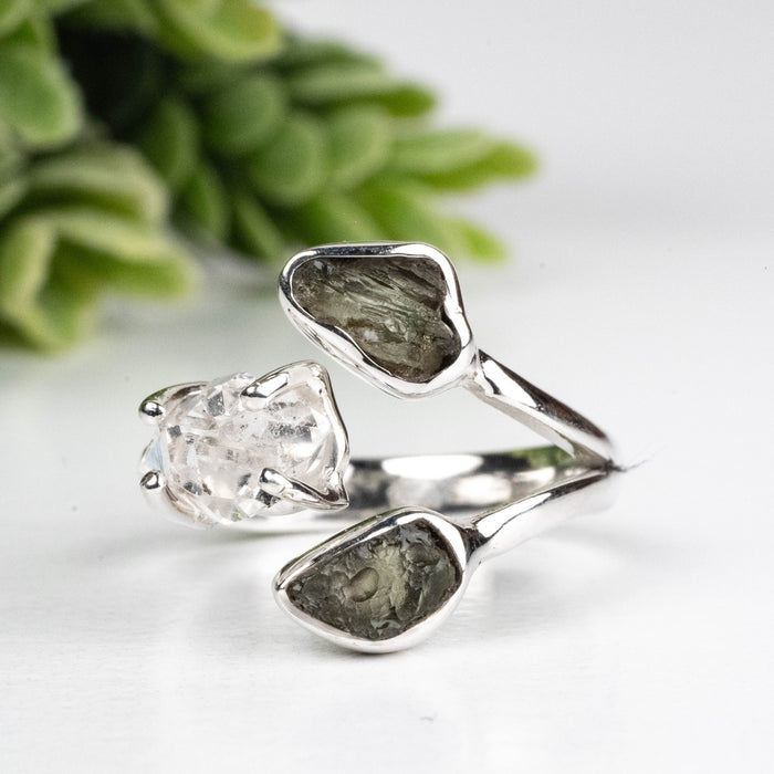 Moldavite + Herkimer Diamond Ring 5mm-7mm Size 7 .925 Silver