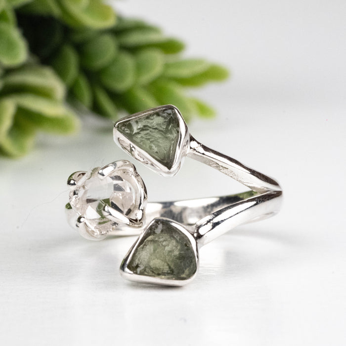 Moldavite + Herkimer Diamond Ring 5mm-7mm Size 7 .925 Silver