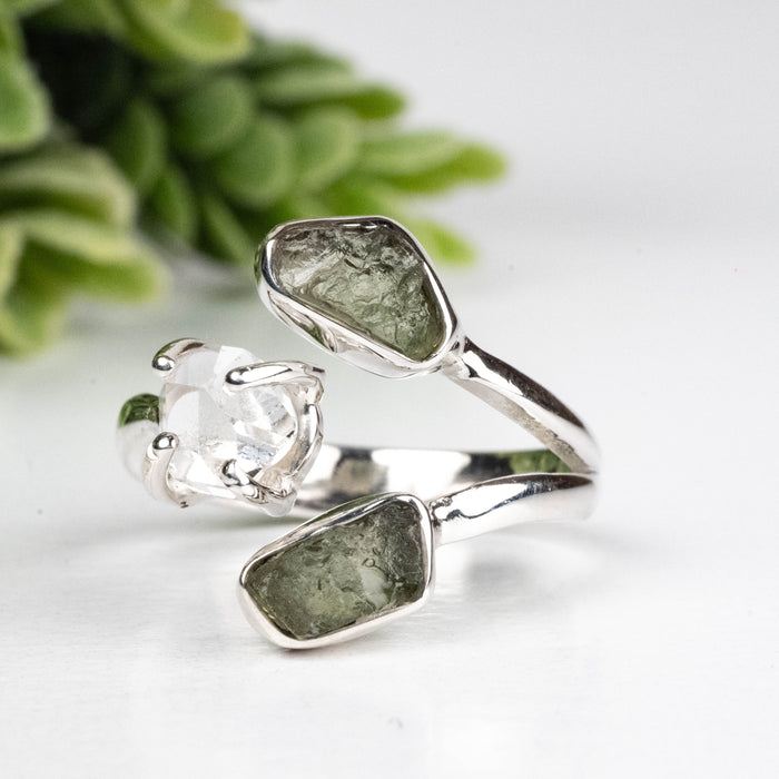 Moldavite + Herkimer Diamond Ring 5mm-7mm Size 7 .925 Silver