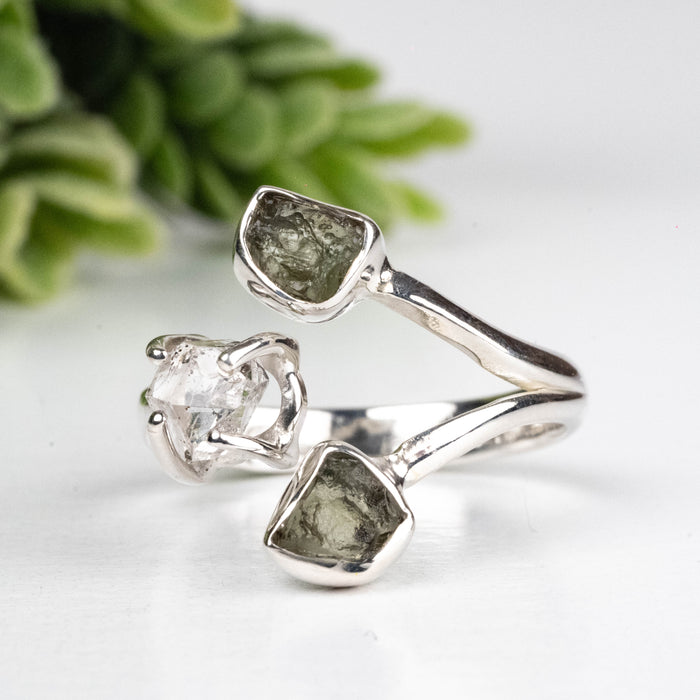 Moldavite + Herkimer Diamond Ring 5mm-7mm Size 7 .925 Silver