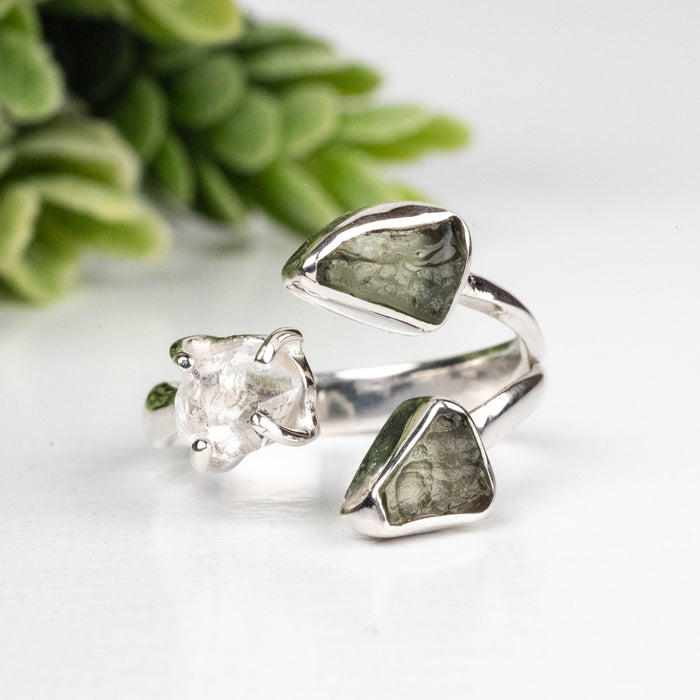 Moldavite + Herkimer Diamond Ring 5mm-7mm Size 7 .925 Silver