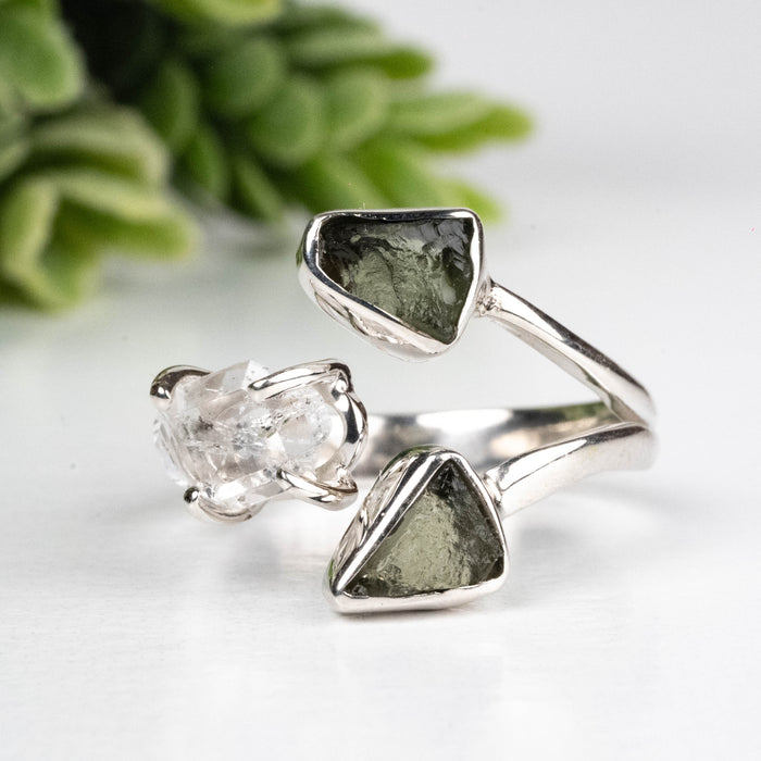 Moldavite + Herkimer Diamond Ring 5mm-7mm Size 8 .925 Silver