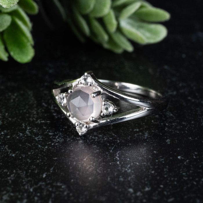 Rose Quartz + White Topaz Ring 6mm/1mm Size 7
