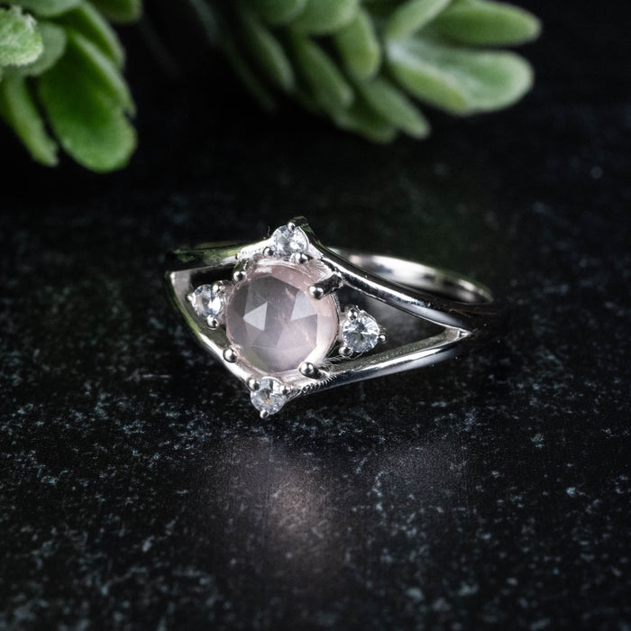 Rose Quartz + White Topaz Ring 6mm/1mm Size 7